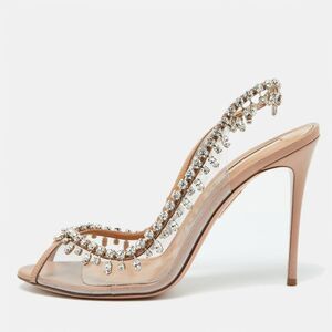 Aquazzura Beige Leather And Pvc Crystal Temptation Slingback Sandals Size 41